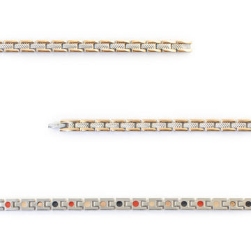 Close-up of Continuum negative ion bracelet links with stainless steel and rose gold to show detail.